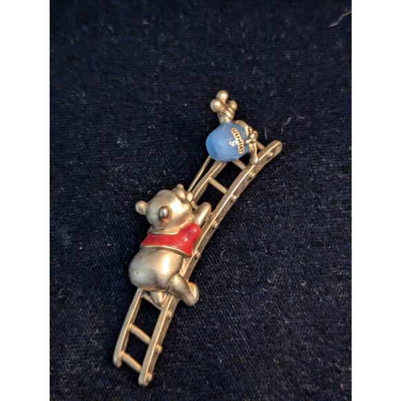 Disney Pooh Bear Climbing Ladder to Honey Pot Red & Blue Enamel Gold Tone Pin - Picture 4 of 4